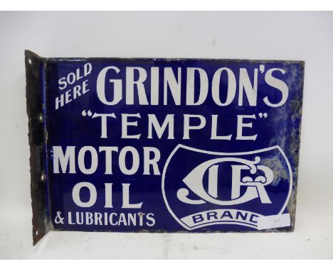 A rare Grindon's 'Temple' Motor Oil and Lubricants double sided enamel sign with hanging flange, 16 x 11". 