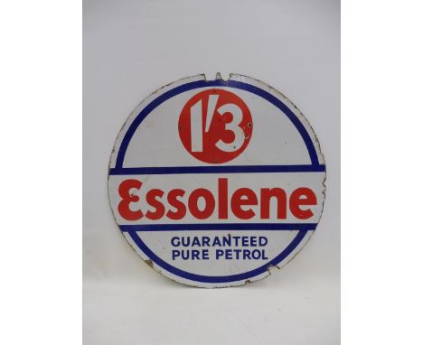 An Essolene Guaranteed Pure Petrol circular double sided enamel sign, 30" diameter.