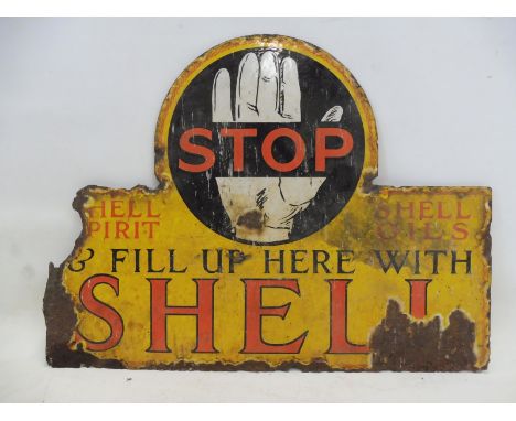 A Shell 'Stop' double sided enamel pediment sign, 24 1/2 x 18". 