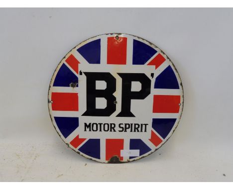 A rare BP Motor Spirit circular Union Jack enamel sign, 14 1/2" diameter. 