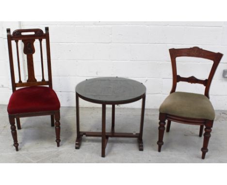 A Far Eastern style gong table with tilt-top on twin gate legs, a Victorian walnut Aesthetics dining chair and an oak stick-b