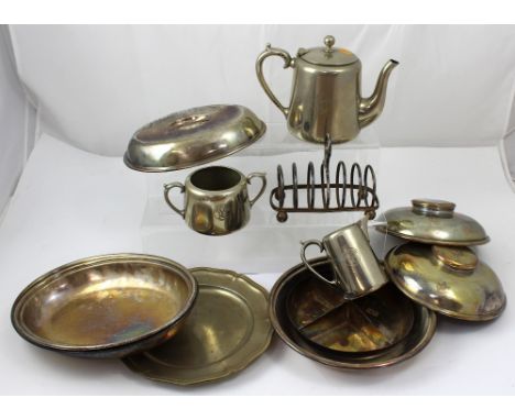 A Mappin & Webb silver-plated tea service bearing the sigil of a rising sun for P&O and an Ellerman plated chafing dish lid, 