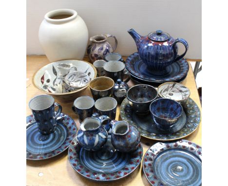 A large quantity of Selborne studio pottery dinner and tea ware, mostly decorated in the 'Peacock' pattern, a plain ceramic v