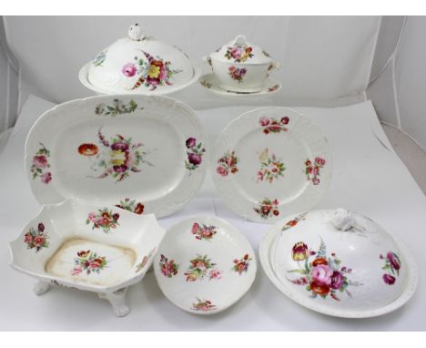 Attributed to Coalport, a quantity of early 19th century dinnerware to include large tureens, serving dishes, plates, sucrier
