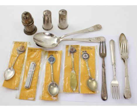 A pair of Elkington Plate P&O salt and peppers and Cunard Line fork and other steamship branded flatware, also souvenir spoon