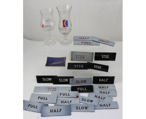 A collection of ships' engine control lever glasses marked slow, dead slow, half and full, Norwegian Cruise Line and Carnival