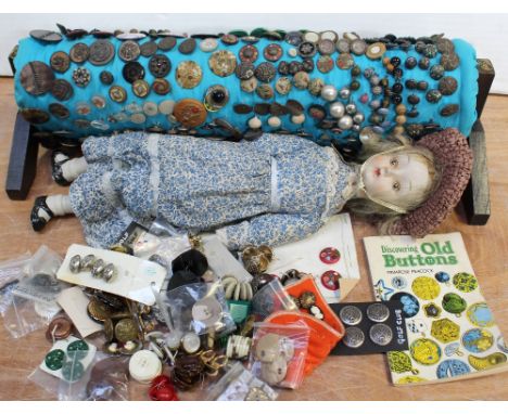 A quantity of vintage buttons to include diamante, metal, military style, mother of pearl examples, a book 'Discovering Butto