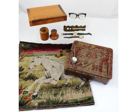A vintage watering can, a wooden box containing vintage spectacles, two gentlemen's wristwatches, a military brass button pol