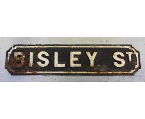 A cast iron vintage street sign 'Bisley St', 19 x 78cm.