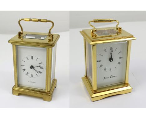 A Jens Olsen carriage clock and an H Samuel example with integral key-wind movement by Duverdrey & Bloquel, height of each 11