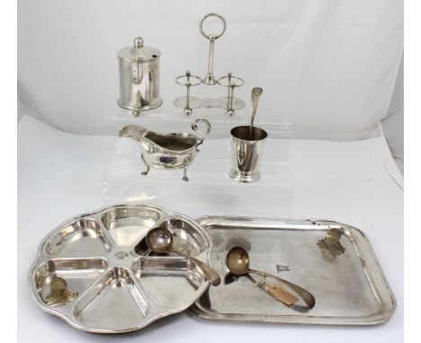 An Ellerman Lines flower head silver tray with multiple compartments, a sauce boat with naval sigil, a silver tankard marked 