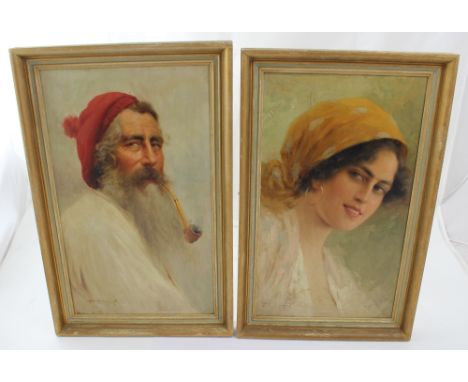 MICHELE FEDERICO (1884-1966); a pair or oils on boards, a portrait of a gentleman with a red hat and pipe and a portrait of a
