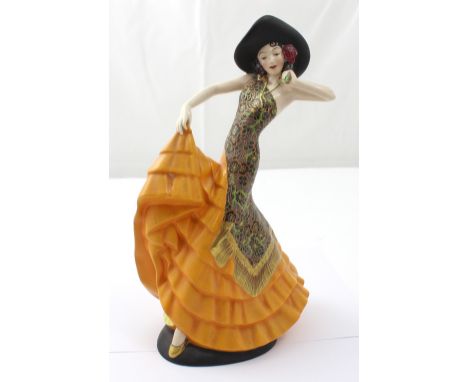 A Crown Devon figure 'Rio Rita', a lady in wide-brimmed hat wearing an orange and gilt-heightened dress and holding a castane