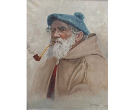 G ESPOSITO; Mediterranean oil on canvas, portrait of a Neapolitan gentleman in a blue cloth hat with a pipe and sou'wester, s