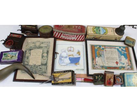 A quantity of vintage tins to include Nenette polishing mop tin, 'Rems Original Saddle Soap', 'Blue Bush Whiskey', 'W.D & HO 