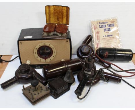 Various vintage Bakelite and plastic items to include hairdryers, a gentlemen's brush set, a vintage radio alarm, Xerox elect