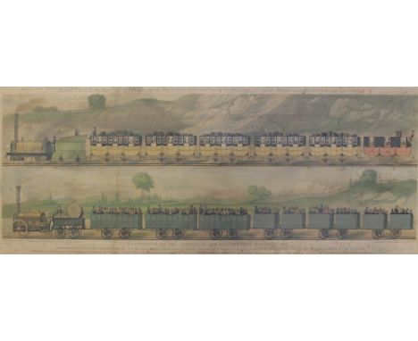 A late 19th century aquatint, 'Travelling on the Liverpool and Manchester Railway, 1831', detailing train with first class ca