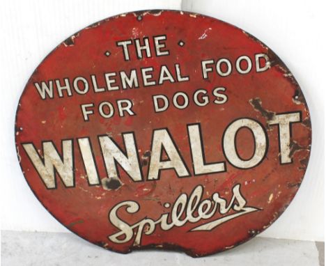 A vintage enamel shop advertising sign, 'The Wholemeal Food For Dogs, Winalot Spillers', diameter 66cm (af).