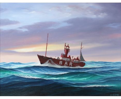 J CROMBY; acrylic on board, 'Liverpool Bar Light Ship, 'Planet', Riding Out A Gale', 34 x 43cm, framed.