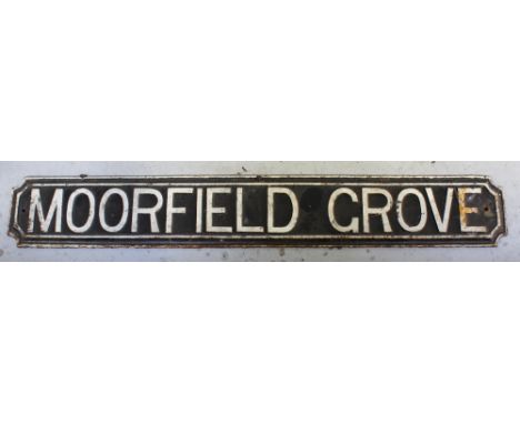 A cast iron vintage street sign 'Moorfield Grove', 15.5 x 106.5cm.