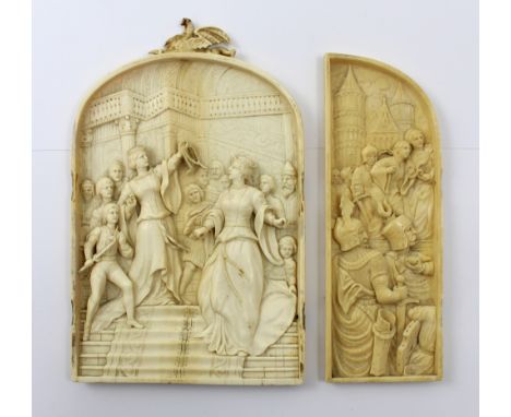 A 19th century ivory panel carved in relief with figural dramatic scene and dragon finial (af), approx 18 x 11.5cm and a furt