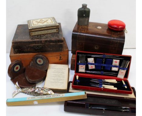 A mixed quantity of collectors' items to include hip flask, bookends, cased razors, various boxes, abalone and metal articula