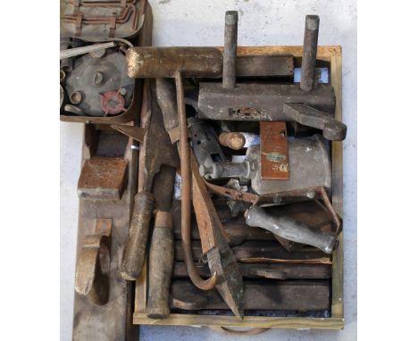 A small quantity of vintage tools to include a large wooden plane, a grappling hook, cleaver etc.