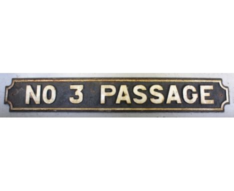 A cast iron vintage street sign 'No3 Passage', 18 x 118cm.
