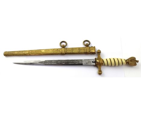 A Kriegsmarine German Third Reich officer's dagger by Eikhorn Solingen, with gold-coloured metal sheath and push-button relea