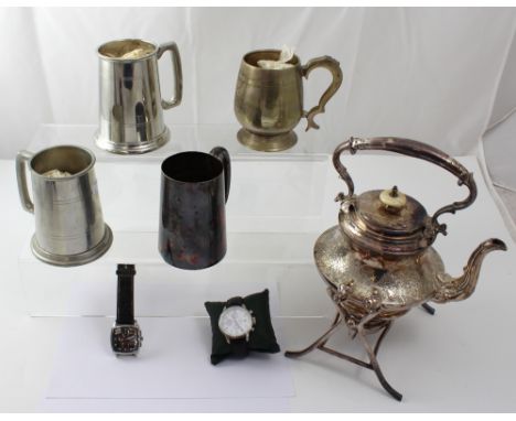 A Victorian spirit kettle with bright-cut engraving and ivory knop, four assorted tankards, a vintage Sekonda watch and a Leõ