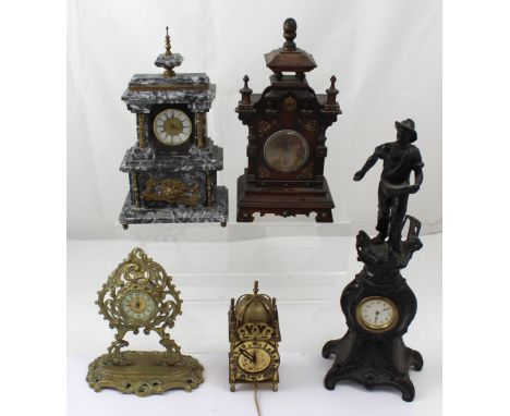 Five clocks comprising a marble example of architectural form, stamped to reverse 'Sonier 1891', pierced brass British United