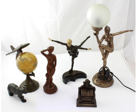 A modern reproduction Art Deco style lamp in the form of a flapper dancer with globe, height 52cm, a modern casting of a Ferd