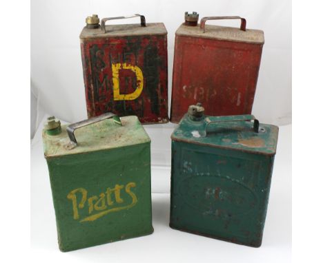 Four vintage spirit cans complete with brass caps to include Shell Motor Spirit, Esso Petroleum, SM & BP Ltd, and Sprats, hei