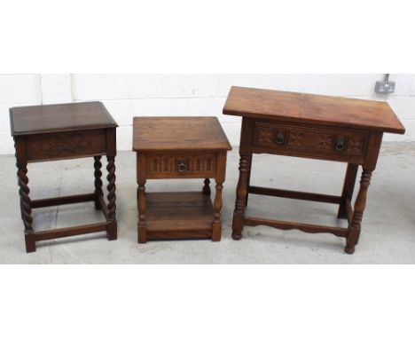 Three 20th century oak side tables; one with barleytwist legs, one with single drawer and shelf stretcher and one with single