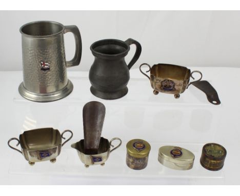 A collection of maritime-related metal items to include an E&F Shipping silver-plated sugar bowl and cream jug, an RMS Britai