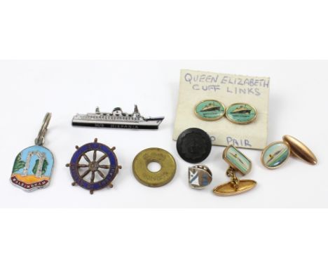 A pair of RMS Queen Elizabeth cufflinks with pictures of the ship in gold-coloured metal mounts, a similar pair of cufflinks 