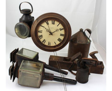 A pair of carriage lamps, a blowtorch and a wall clock etc.