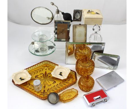 A vintage amber glass dressing table set, vintage rectangular and circular mirrors, a ceramic jewellery box, plated cigarette