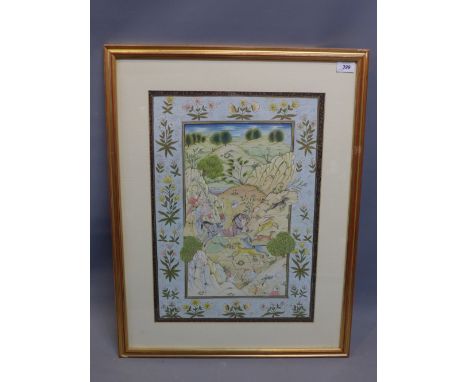 An early 20th century study of a Persian hunting scene, watercolour, within a parcel gilded border. H.53cm W.38cm 