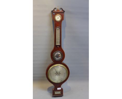 A mahogany and boxwood lined wheel barometer, by Campioni, Edinburgh finial with broken swan neck pediment, Edinburgh, with b