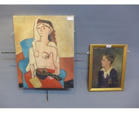 A Surrealist study of a lady playing an instrument, in the Picasso manner together with an oil on carved of a portrait of a b