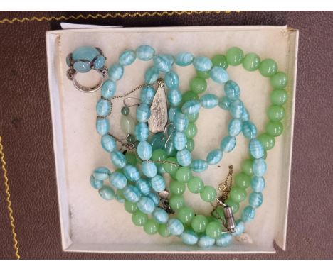 Jade Bead Necklace, Jade Drop pendant and a Stone Set Silver ring and bead necklace 