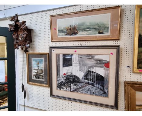 2 Watercolours by Robert W Inches Robertson dated 1983 and a Framed watercolour of a Architectural scene 