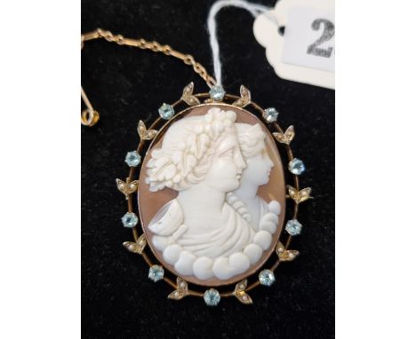 Fine 19thC Portrait Cameo mounted in Seed Pearl and Tourmaline setting 55mm in Height 