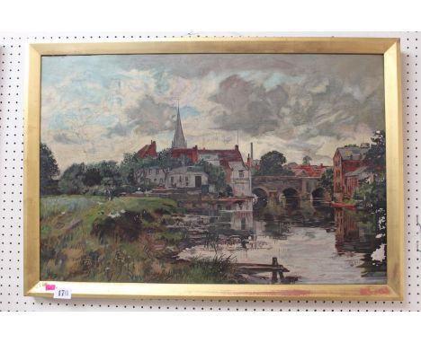 Gilt Framed Oil on canvas of a river scene monogrammed S R 