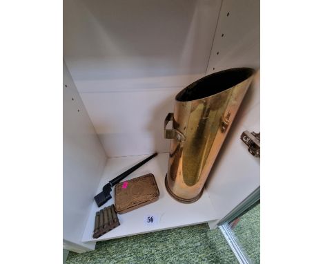 WWII Shell case in the form of a stick stand, 1914 Christmas TIn, Pig spike bayonet and a clip of brass cartridges 