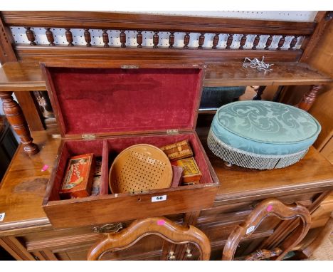 Walnut box and assorted Vintage table games and a oval upholstered gout stool 