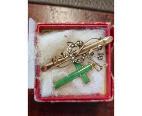Victorian 9ct Gold Seed Pearl Set bar brooch and a Jade yellow metal cross 