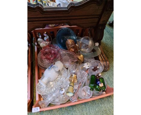 Large Tray of assorted Glassware inc. Cranberry glass Lamp shade, Set of 3 Glass Bird Paperweights etc 