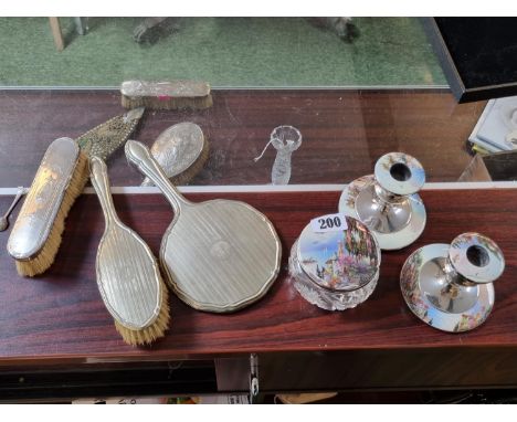 Edwardian Silver Dressing table brush, 2 Piece EPNS Dressing table set, 1930s Chrome enamel on copper dressing table set and 